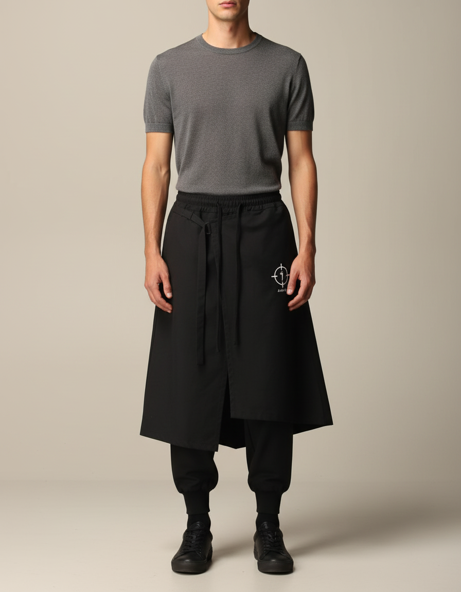 Pantalon Jupe Noir Asymétrique Coton Homme Décontracté - Molleton
