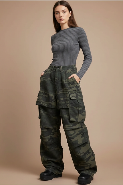 Pantalon Jupe Camouflage Vert Ample Cargo Décontracté - Toile