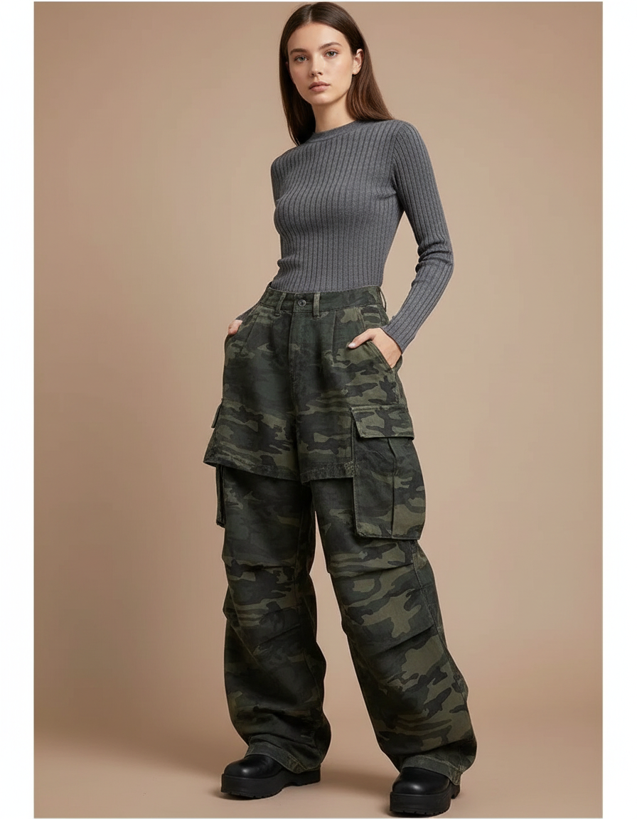 Pantalon Jupe Camouflage Vert Ample Cargo Décontracté - Toile