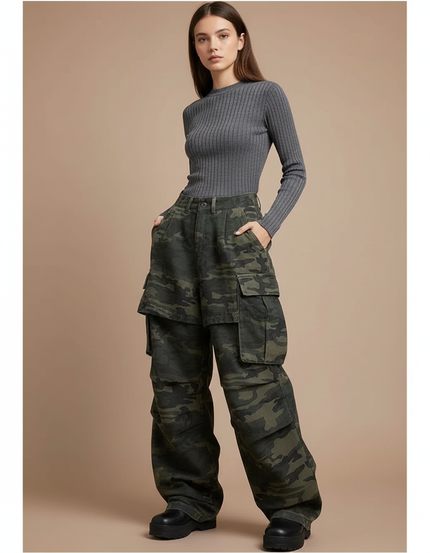 Pantalon Jupe Camouflage Vert Ample Cargo Décontracté - Toile