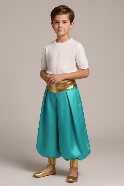 Pantalon Jupe Turquoise Satiné Drapé Doré Enfant - Bleu