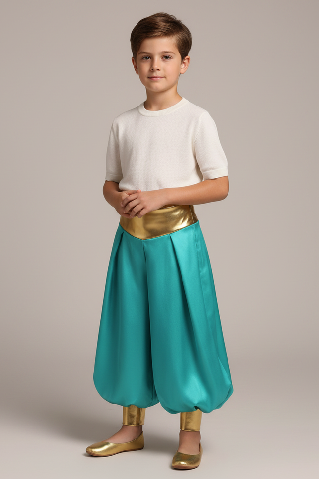 Pantalon Jupe Turquoise Satiné Drapé Doré Enfant - Bleu