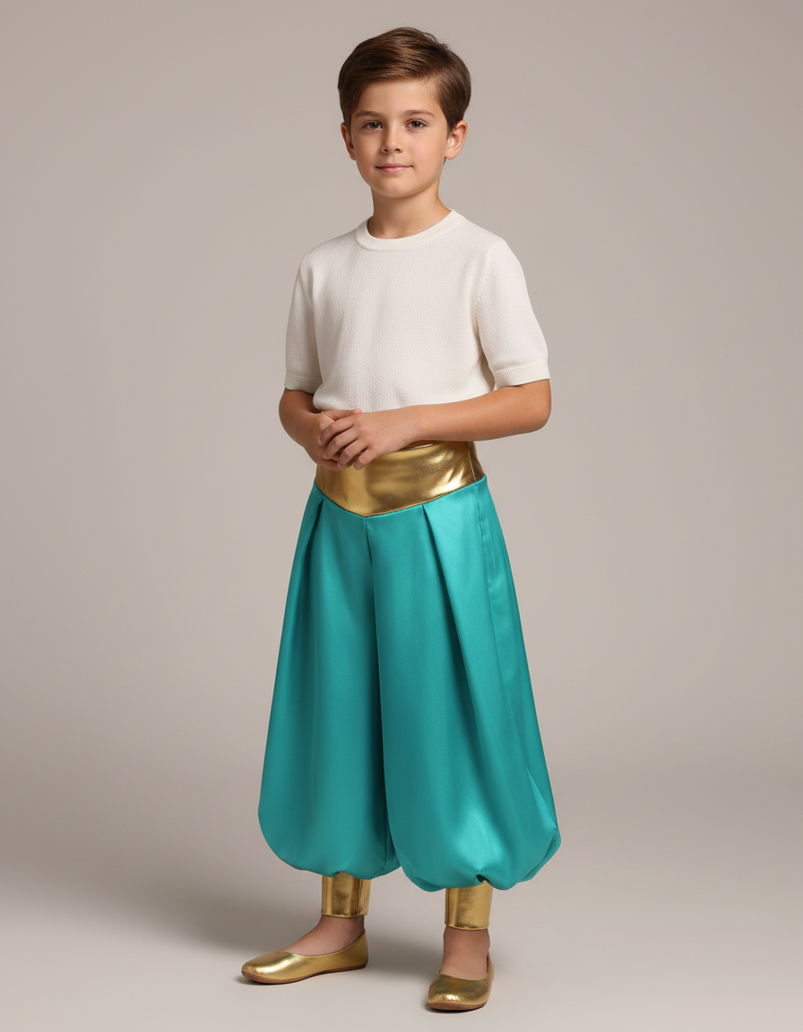 Pantalon Jupe Turquoise Satiné Drapé Doré Enfant - Bleu