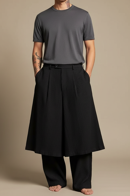 Pantalon Jupe Plissé Noir Ample Élégant Homme - Polyester