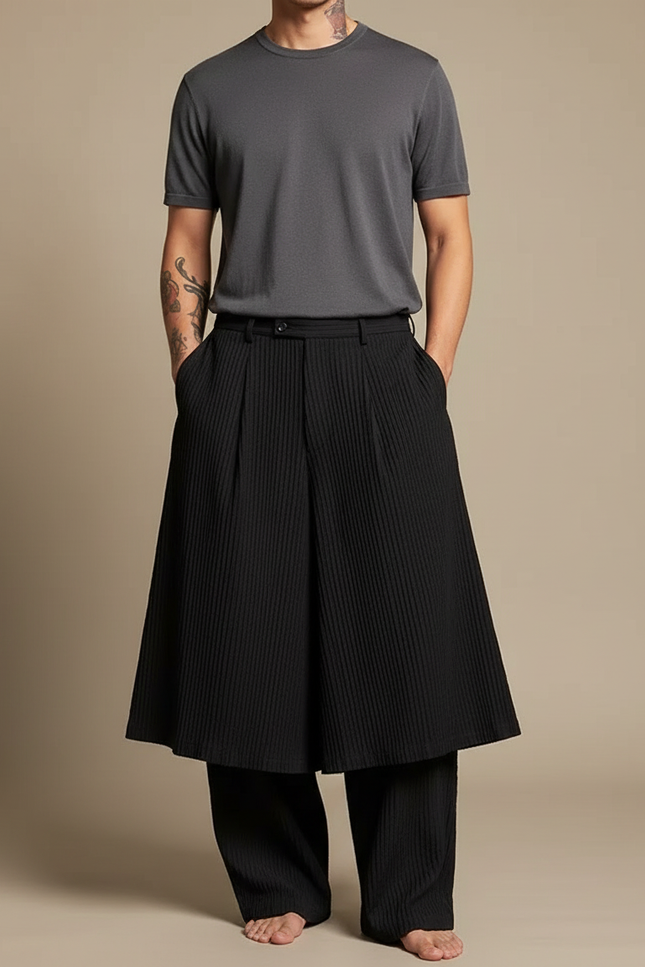 Pantalon Jupe Plissé Noir Ample Élégant Homme - Polyester