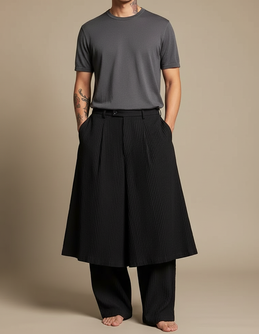 Pantalon Jupe Plissé Noir Ample Élégant Homme - Polyester