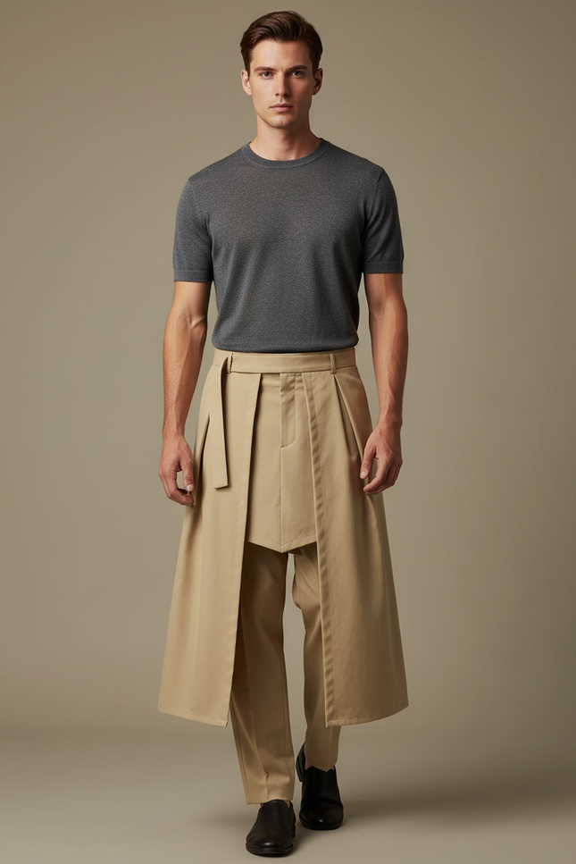 Pantalon Jupe Beige Plissé Ample Décontracté Homme - Gabardine