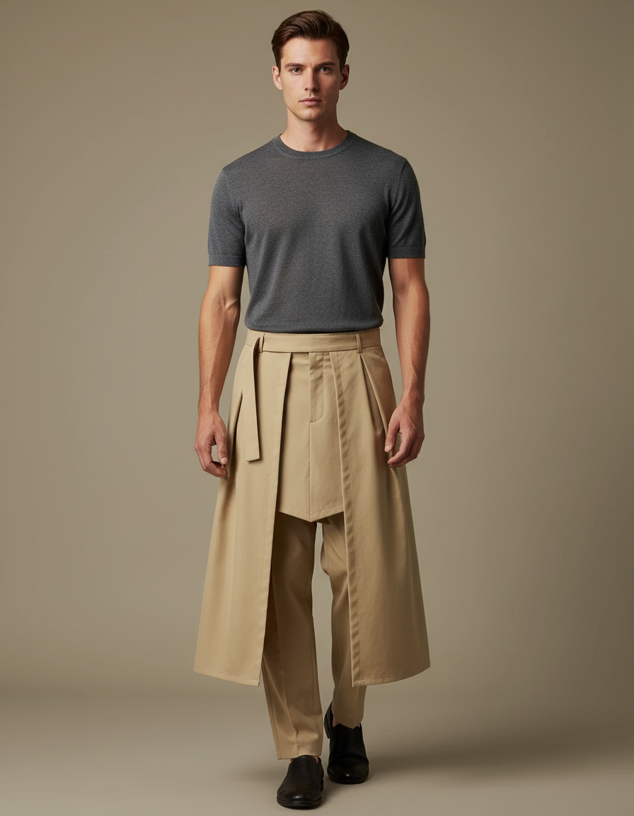 Pantalon Jupe Beige Plissé Ample Décontracté Homme - Gabardine
