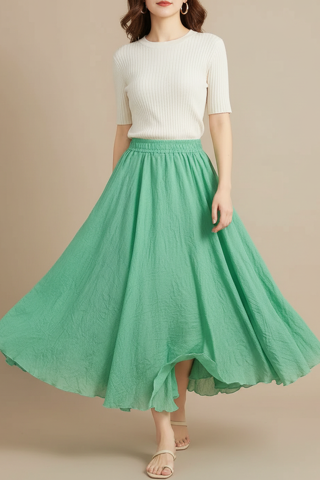 Pantalon Jupe Vert Menthe Ample Lin Coton Fluide