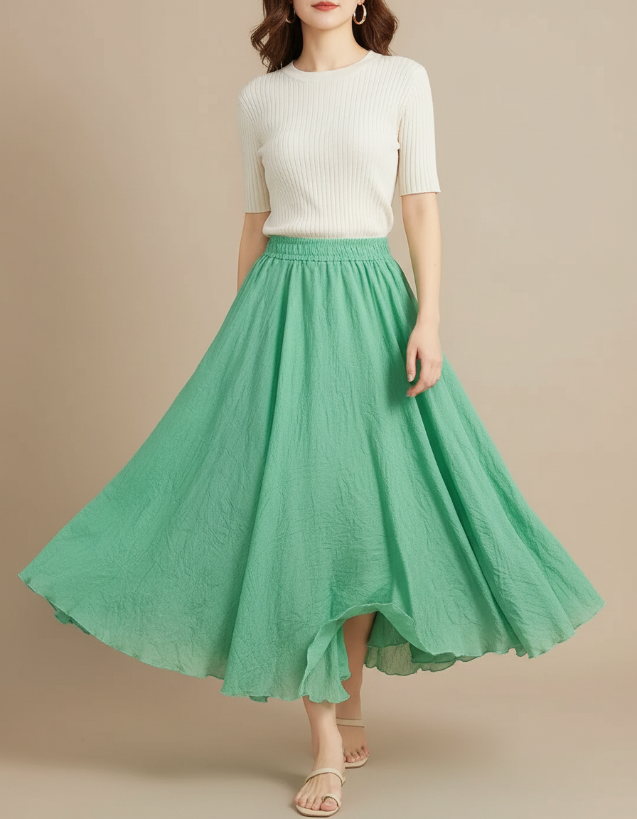 Pantalon Jupe Vert Menthe Ample Lin Coton Fluide