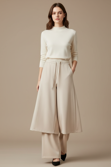 Pantalon Jupe Beige Ample Fluide Élégant Décontracté - Molleton