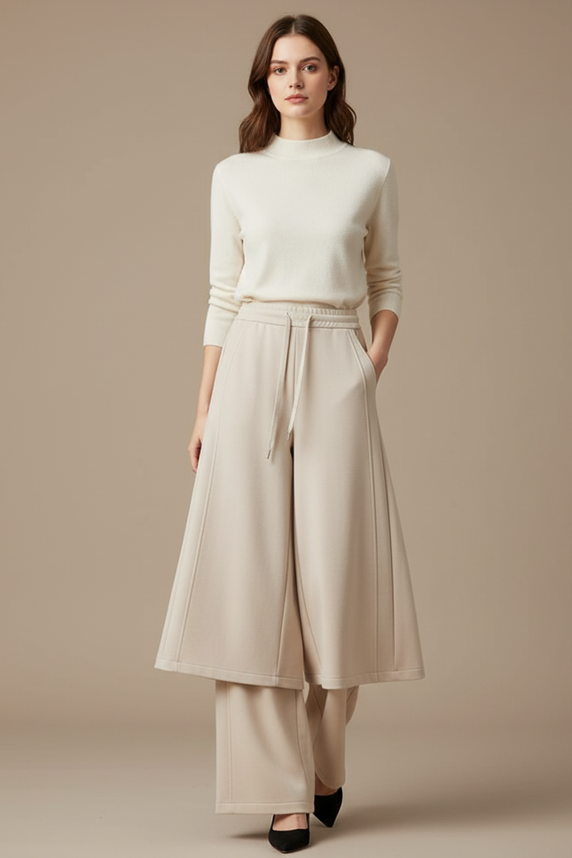 Pantalon Jupe Beige Ample Fluide Élégant Décontracté - Molleton