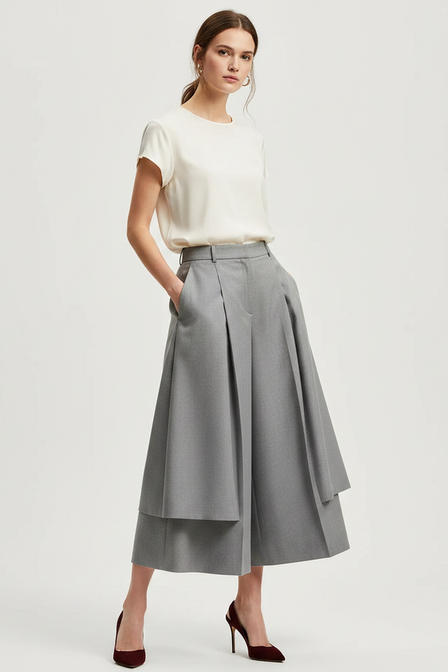 Pantalon Jupe Gris Plissé Ample Élégant Superposé - Gabardine