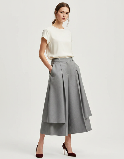 Pantalon Jupe Gris Plissé Ample Élégant Superposé - Gabardine