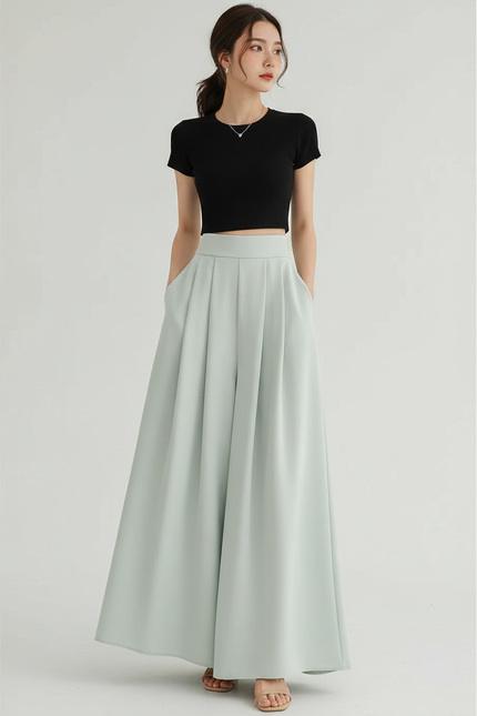 Pantalon Jupe Vert Menthe Ample Plissé Fluide Élégant - Polyester