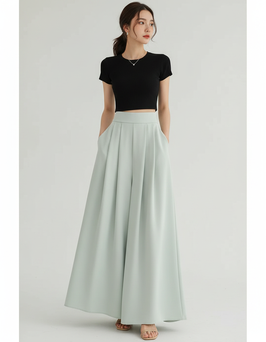 Pantalon Jupe Vert Menthe Ample Plissé Fluide Élégant - Polyester