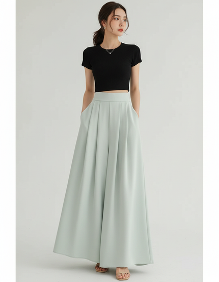 Pantalon Jupe Vert Menthe Ample Plissé Fluide Élégant - Polyester