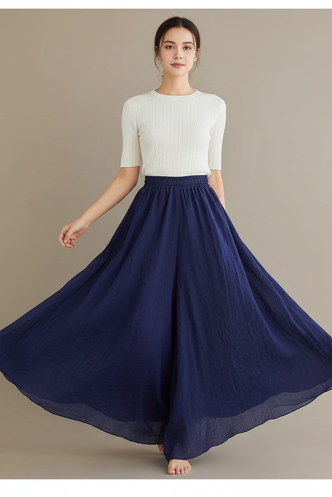 Pantalon Jupe Ample Coton Lin Bleu Marine Fluide