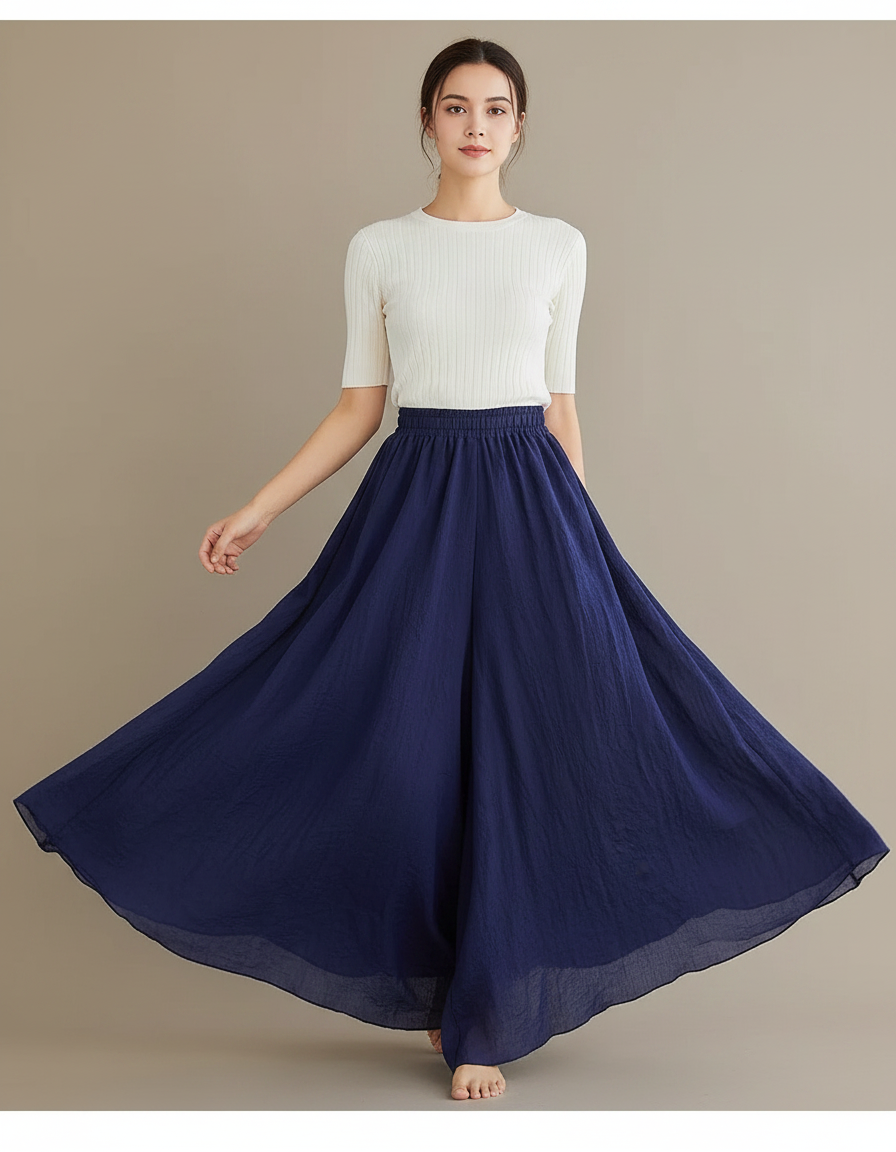 Pantalon Jupe Ample Coton Lin Bleu Marine Fluide