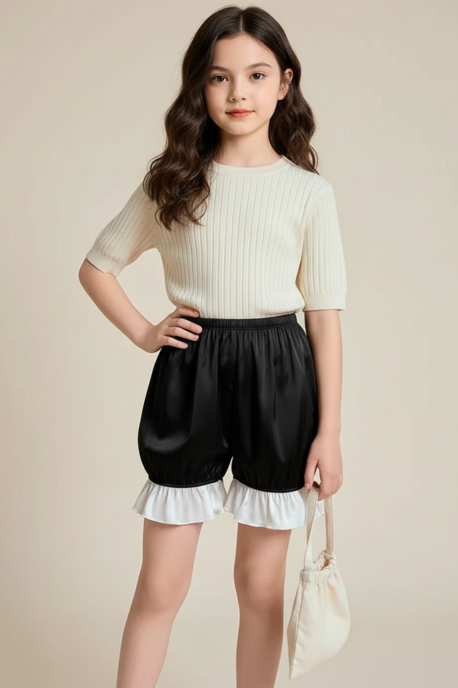 Pantalon Jupe Noir Satin Volants Bouffant Fille
