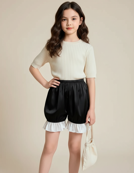 Pantalon Jupe Noir Satin Volants Bouffant Fille