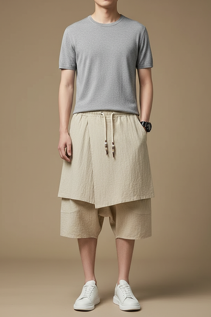Pantalon Jupe Beige Coton Lin Ample Homme