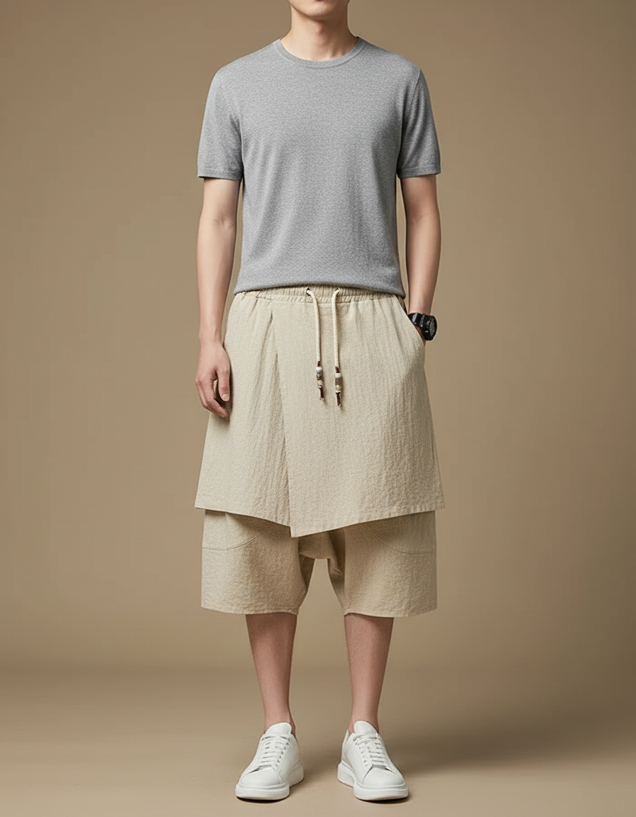 Pantalon Jupe Beige Coton Lin Ample Homme