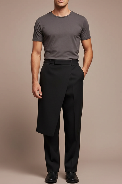 Pantalon Jupe Noir Asymétrique Droit Élégant Homme - Gabardine