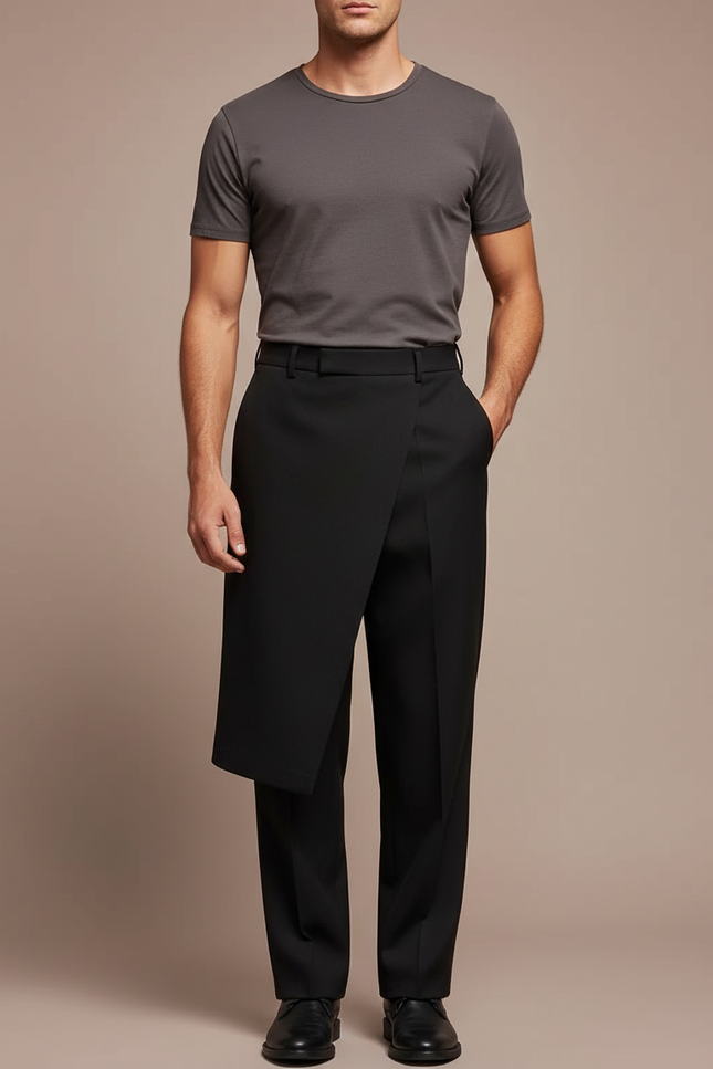Pantalon Jupe Noir Asymétrique Droit Élégant Homme - Gabardine