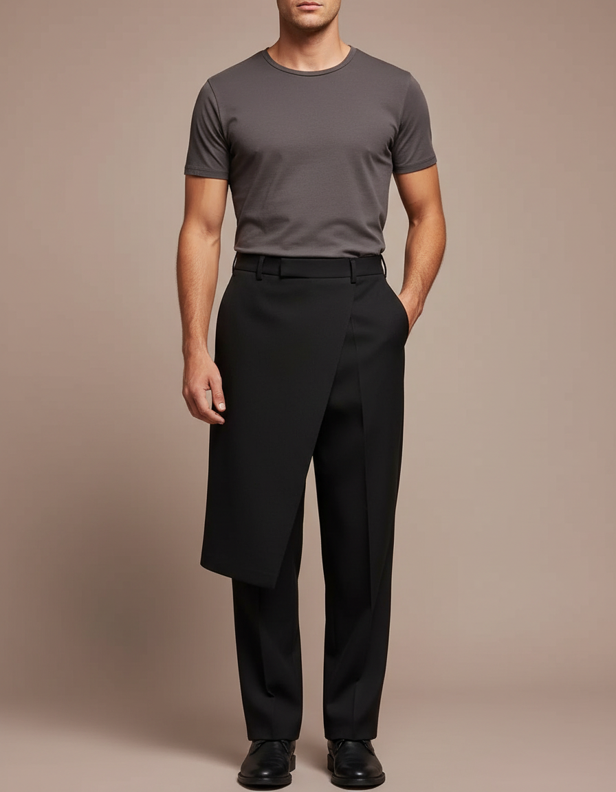 Pantalon Jupe Noir Asymétrique Droit Élégant Homme - Gabardine