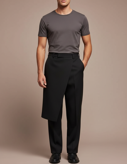 Pantalon Jupe Noir Asymétrique Droit Élégant Homme - Gabardine