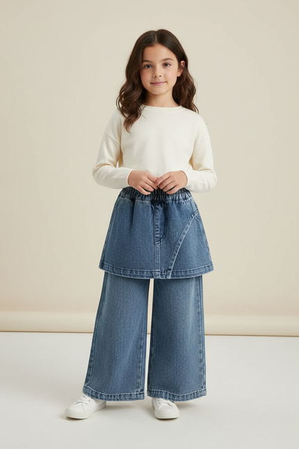 Pantalon Jupe Jean Bleu Ample Déstructuré Fille