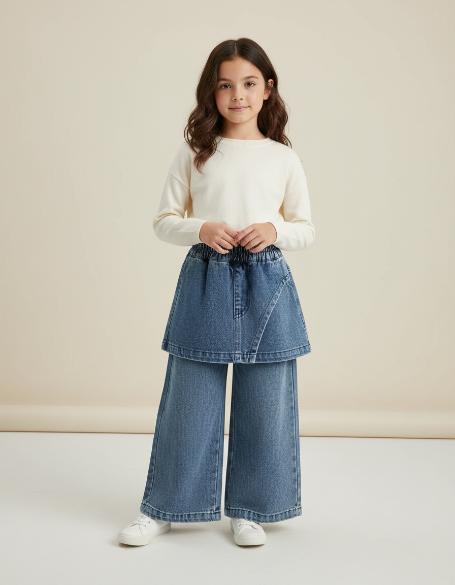 Pantalon Jupe Jean Bleu Ample Déstructuré Fille