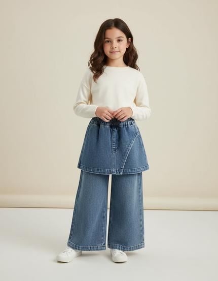 Pantalon Jupe Jean Bleu Ample Déstructuré Fille