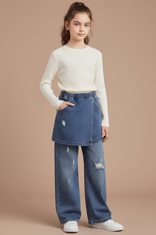 Pantalon Jupe Denim Bleu Ample Superposé Fille - Jean