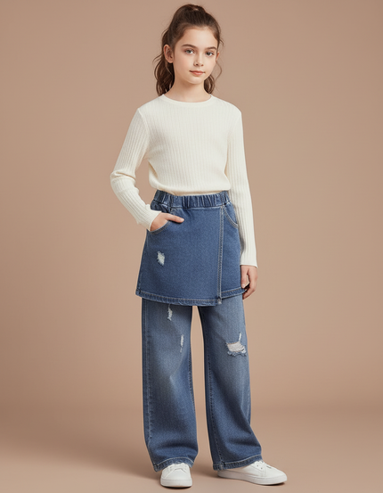 Pantalon Jupe Denim Bleu Ample Superposé Fille - Jean