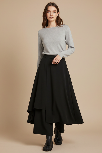Pantalon Jupe Noir Asymétrique Ample Fluide Élégant - Polyester