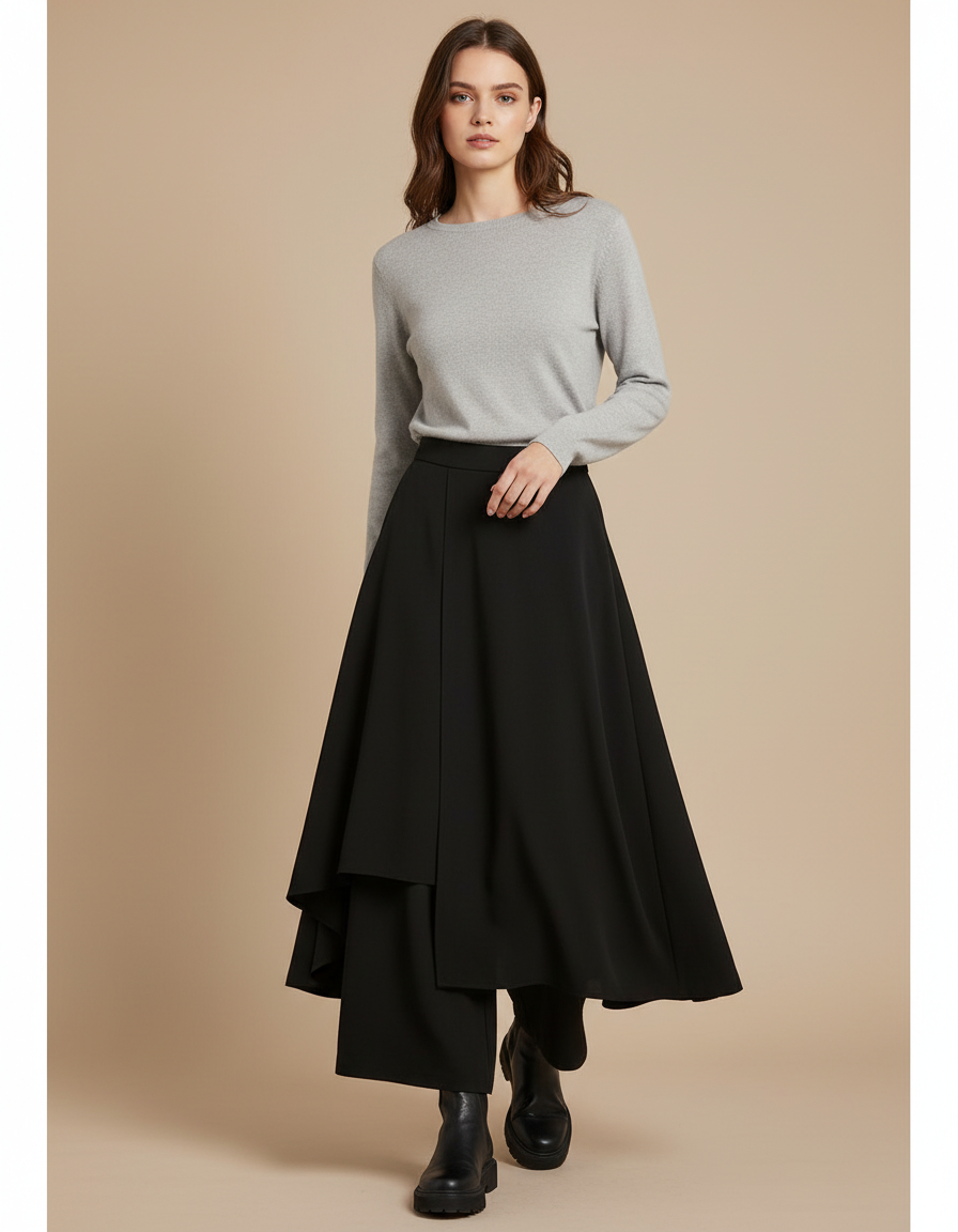 Pantalon Jupe Noir Asymétrique Ample Fluide Élégant - Polyester