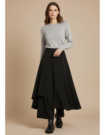 Pantalon Jupe Noir Asymétrique Ample Fluide Élégant - Polyester