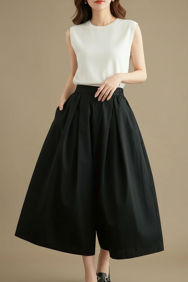 Pantalon Jupe Noir Ample Coton Fluide Élégant