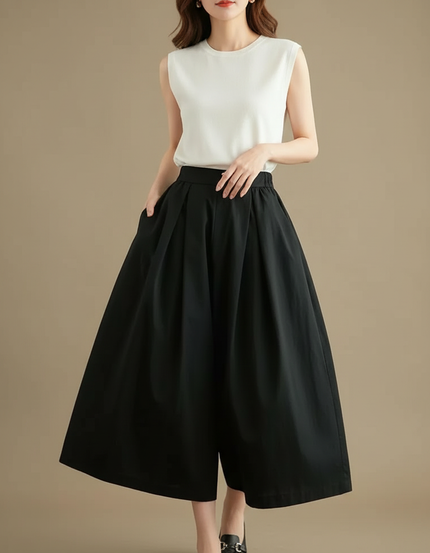 Pantalon Jupe Noir Ample Coton Fluide Élégant
