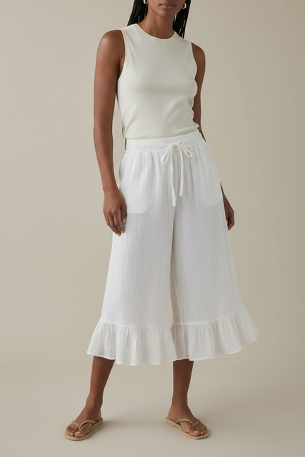 Pantalon Jupe Blanc Plissé Ample Volants Coton