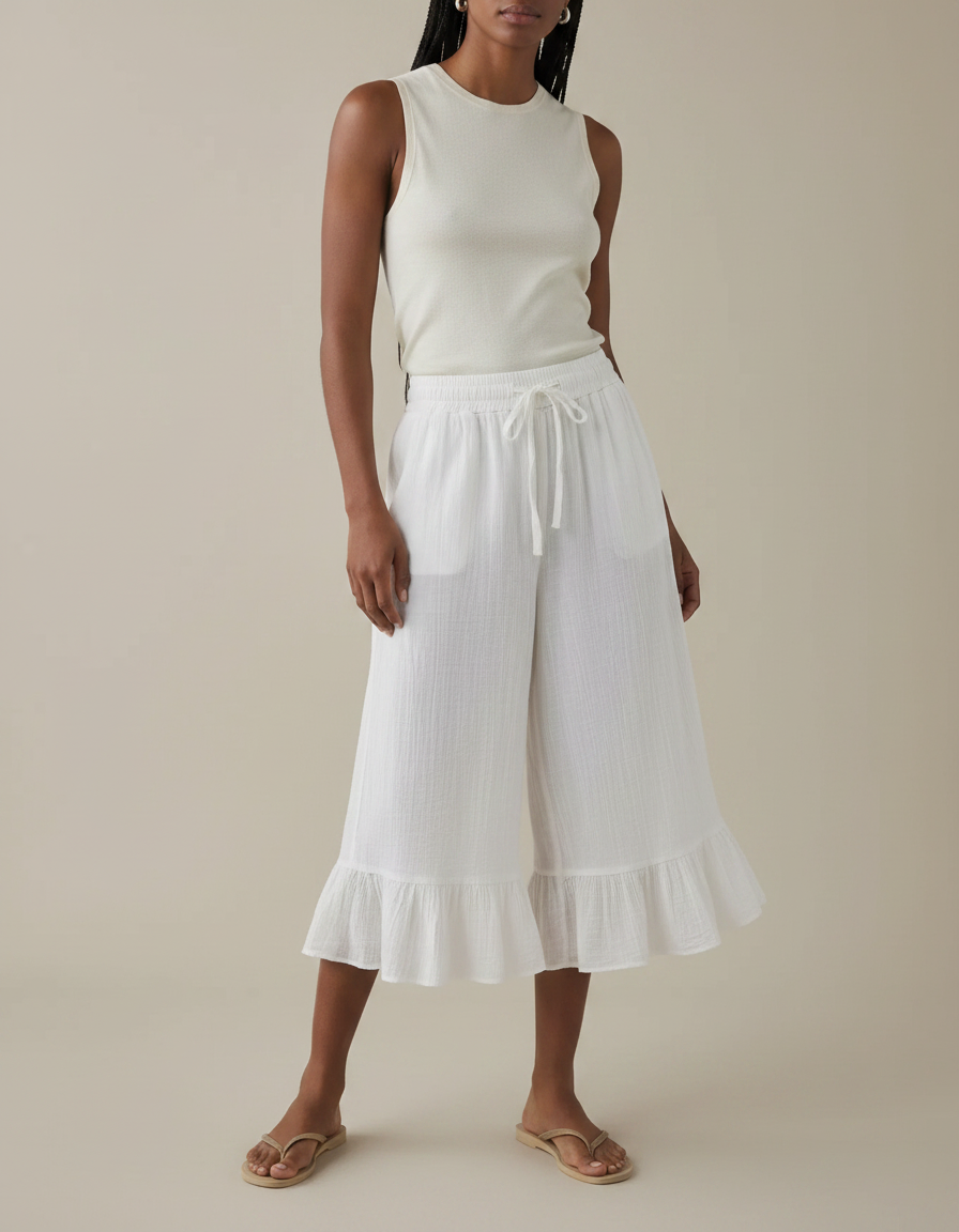 Pantalon Jupe Blanc Plissé Ample Volants Coton