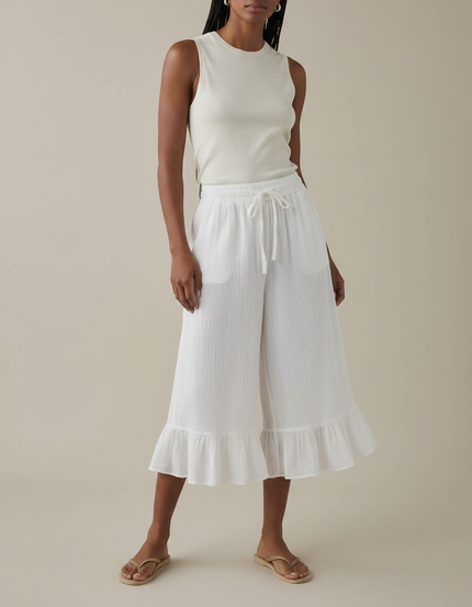 Pantalon Jupe Blanc Plissé Ample Volants Coton