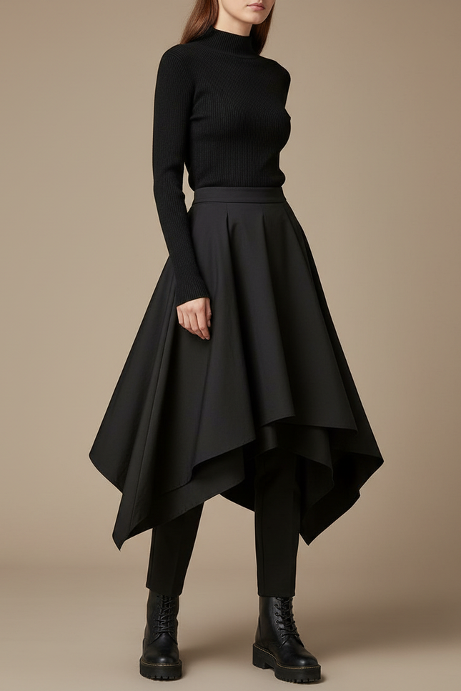 Pantalon Jupe Noir Asymétrique Ample Élégant Moderne - Gabardine