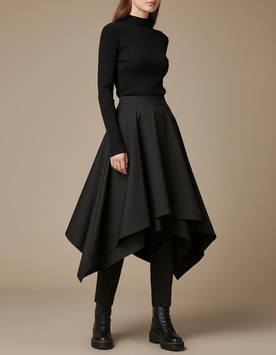 Pantalon Jupe Noir Asymétrique Ample Élégant Moderne - Gabardine