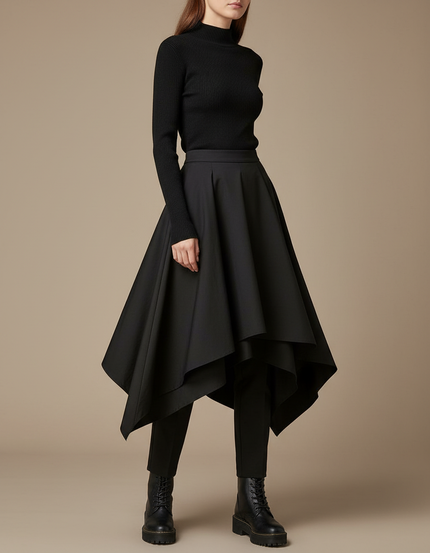 Pantalon Jupe Noir Asymétrique Ample Élégant Moderne - Gabardine