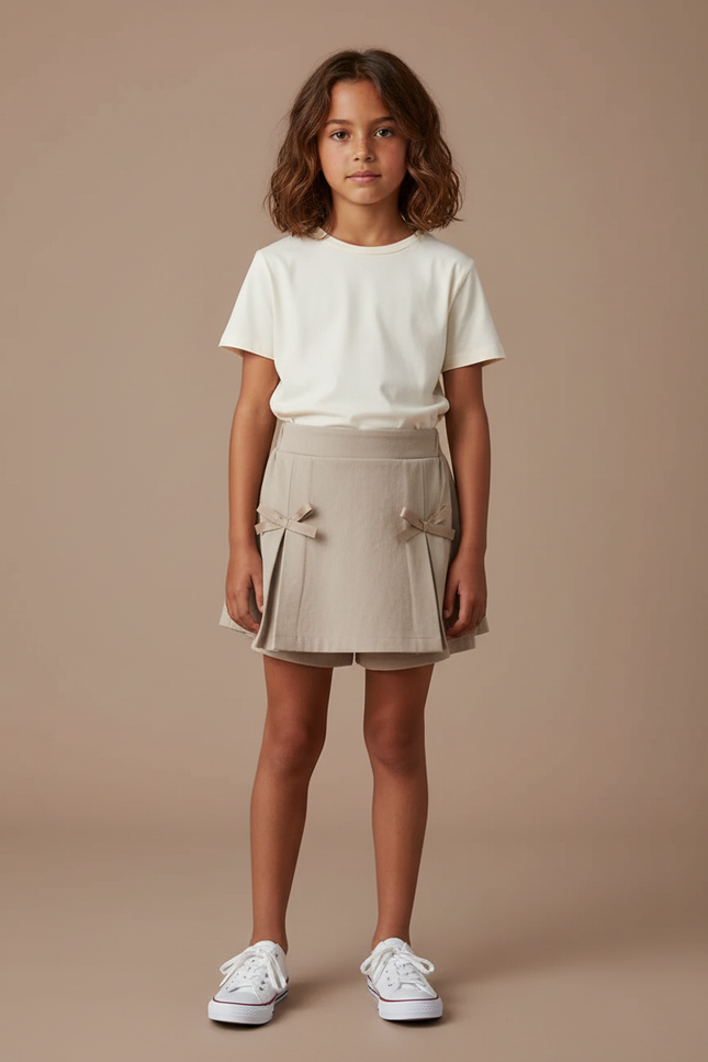 Pantalon Jupe Beige Plissé Nœuds Fille Élégant - Gabardine