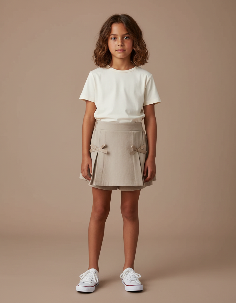 Pantalon Jupe Beige Plissé Nœuds Fille Élégant - Gabardine