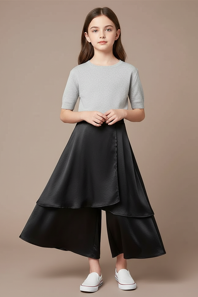 Pantalon Jupe Noir Satiné Superposé Fluide Élégant